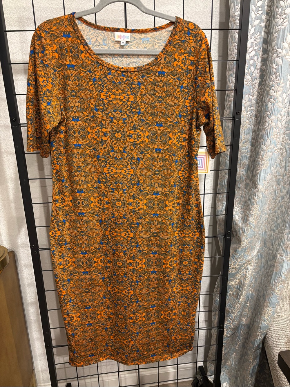 LuLaRoe Orange and Blue Floral-Patterned Midi Dress XL